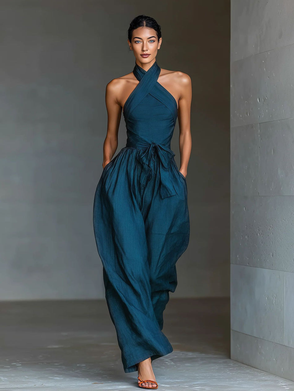 Women’s Halter Mid-Waist Loose Wide-Leg Jumpsuit