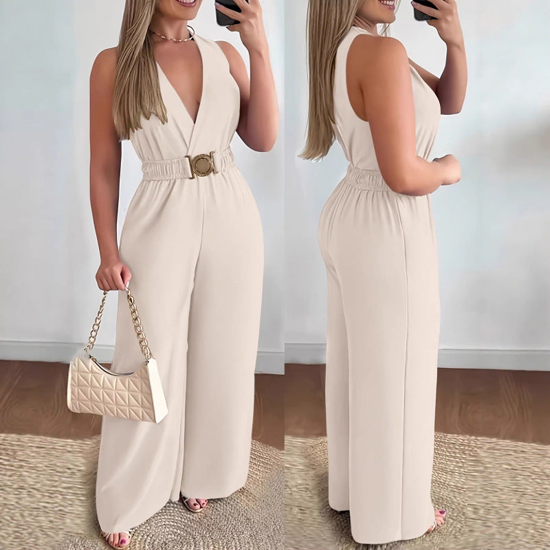 Women’s Deep V-Neck Sleeveless High-Waist Jumpsuit