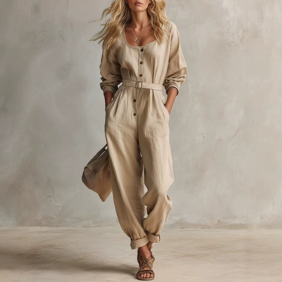 Women’s V-Neck Long-Sleeve Mid-Waist Wide-Leg Jumpsuit