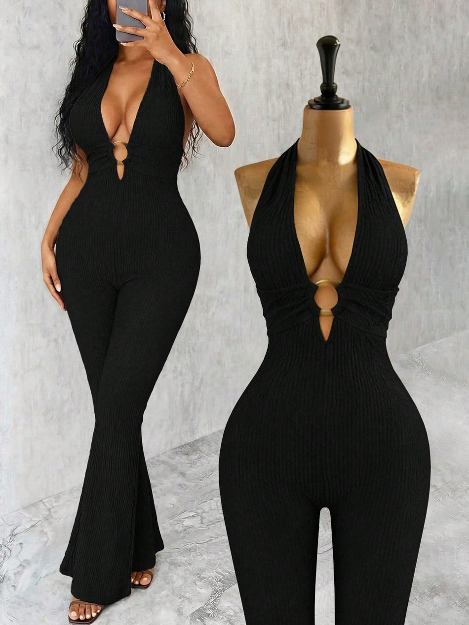 Women’s Halter Neck High-Waist Cutout Slim-Fit Jumpsuit