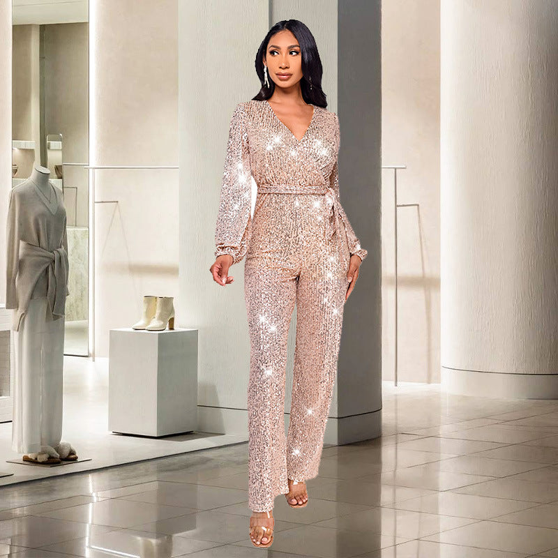 Women’s Deep V-Neck Sequin High-Waist Jumpsuit