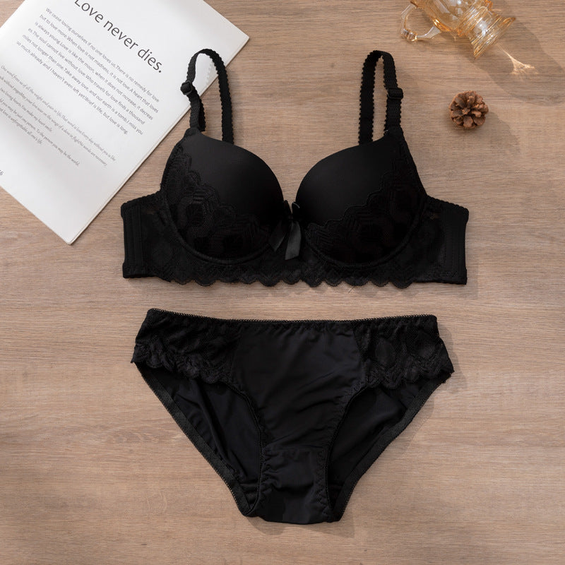 Women's Lace Push-Up Bra Set with Thin Molded 3/4 Underwire Cups