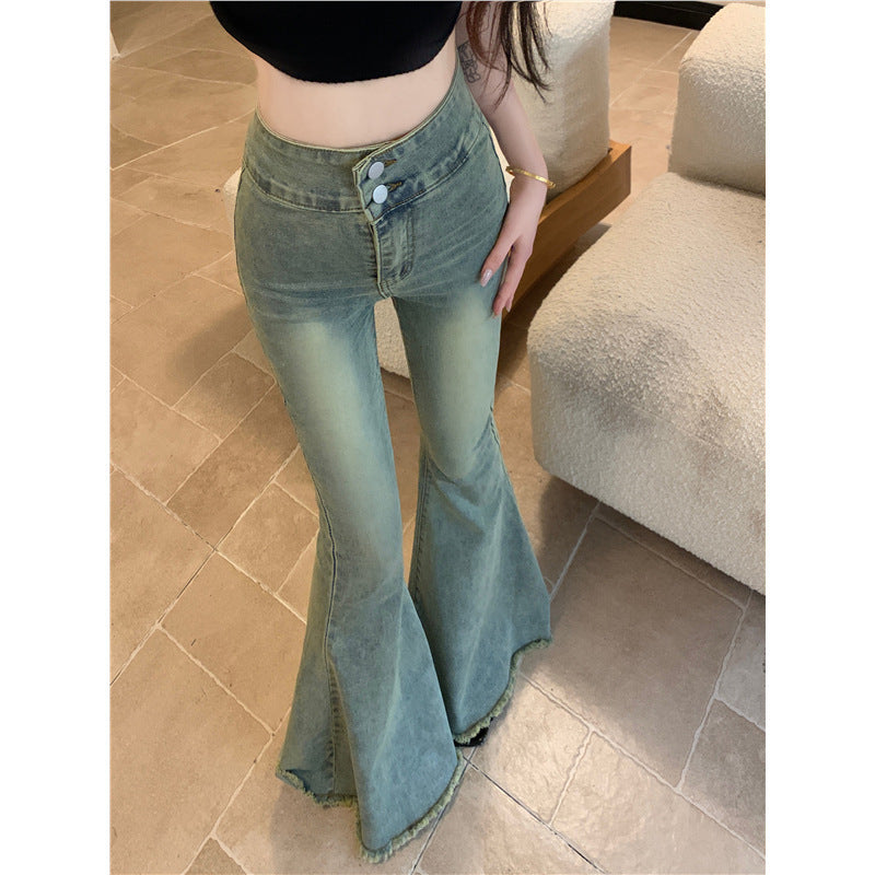 Women's High-Waisted Light Wash Flared Jeans with Frayed Hem