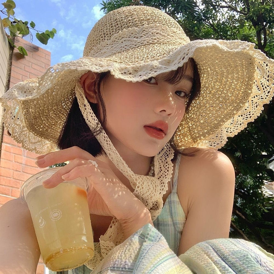 Women's Foldable Wide Brim Openwork Sun Hat for Beach and Travel