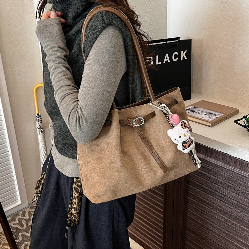 Women's Large Retro Suede-Look Tote Bag with Optional Bag Charm
