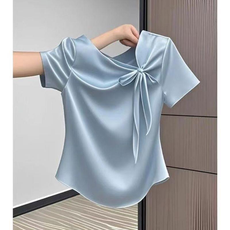Women's Loose Round Neck Top with Bow Detail and Flutter Sleeves