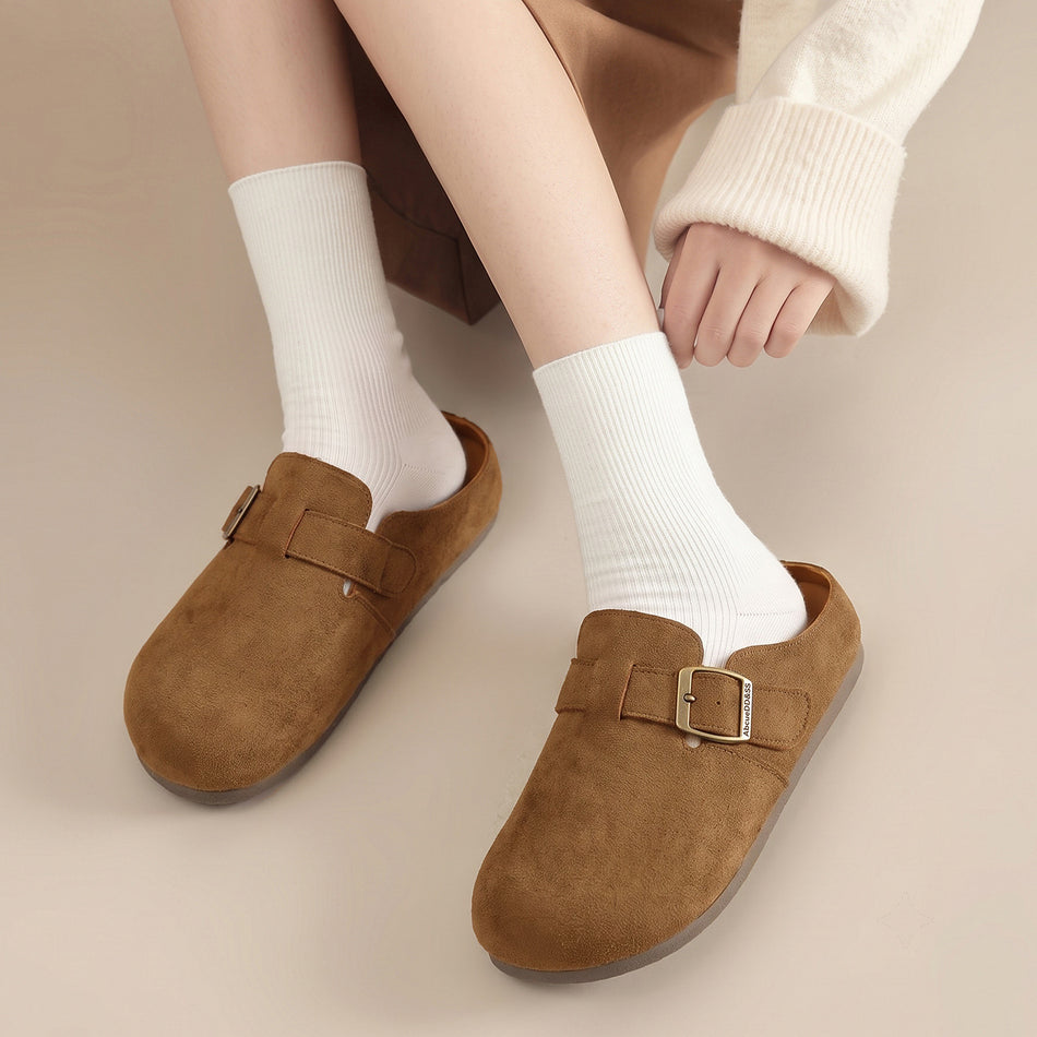 Women's Closed-Toe Suede-Look Clogs with Buckle Strap, Slip-On