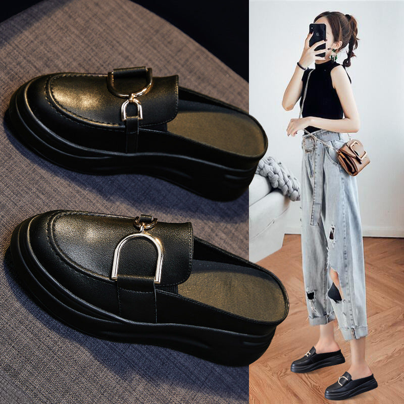 Women's Genuine Leather Platform Mules with Round Toe in Black