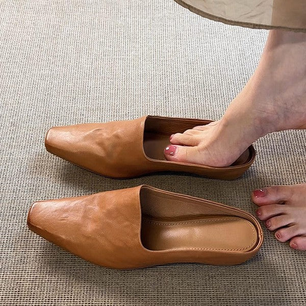 Women's Sheepskin Leather Square Toe Slip-On Mules, Minimalist
