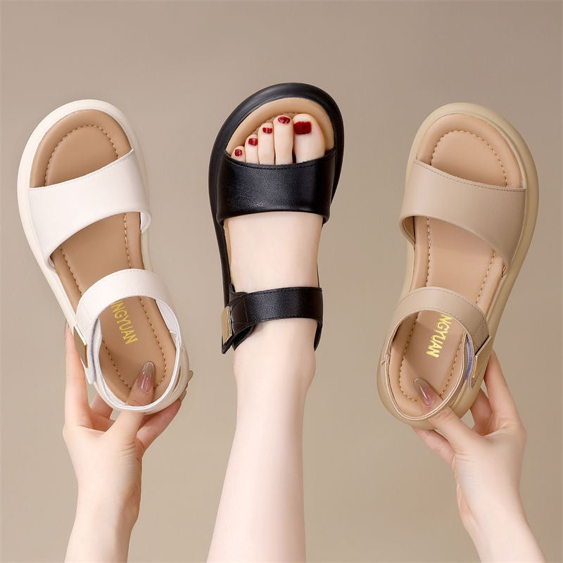 Women's Soft Flat Strappy Sandals with Hook-and-Loop Fastening