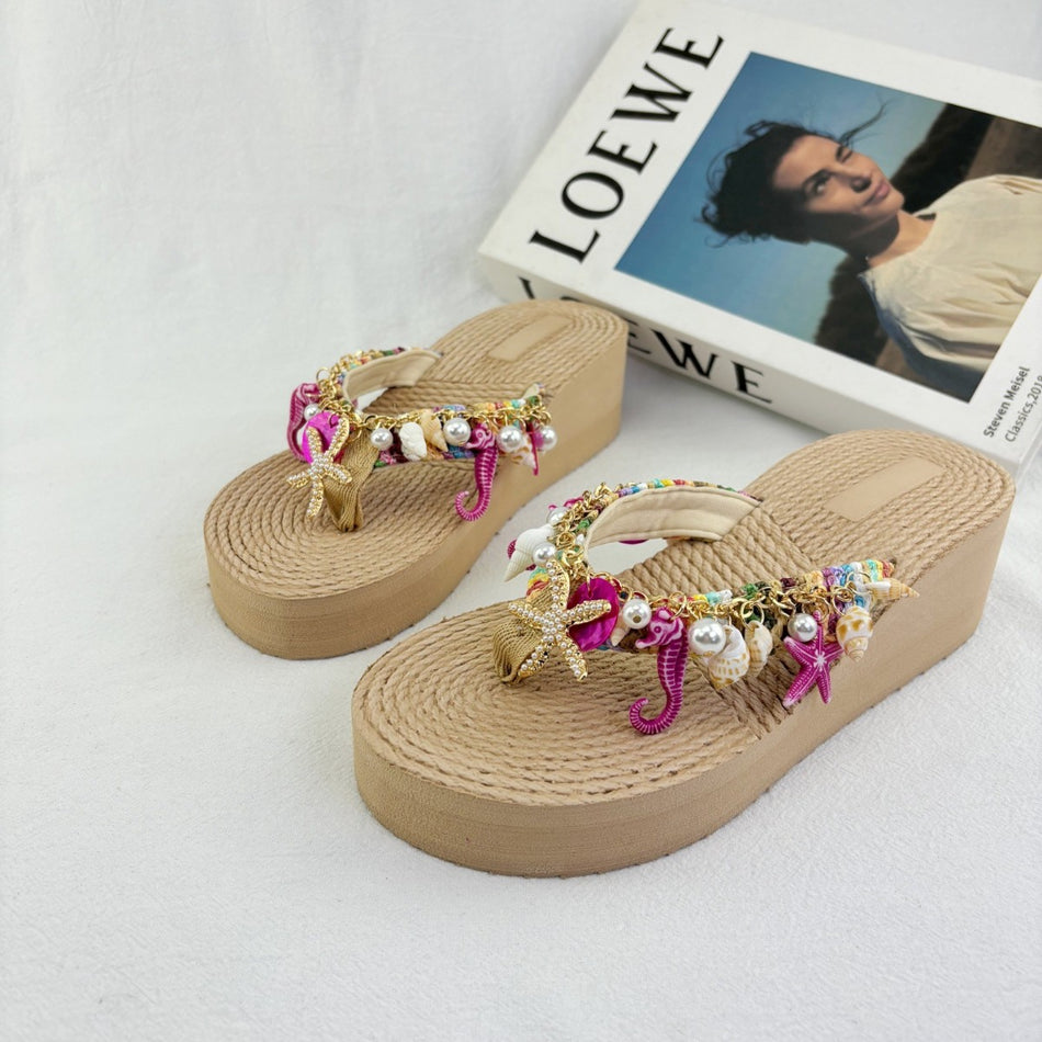 Women's Bohemian Seahorse Thick Sole Flip-Flops with Woven Straw
