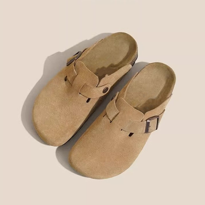Women's Nubuck Leather Closed-Toe Mules with Soft Thick Sole
