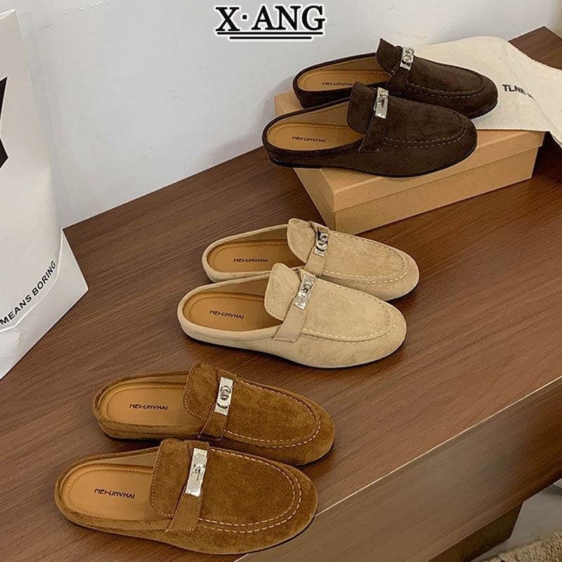 Women's Retro Cow Suede Slip-On Loafer Mules with Leather Lining