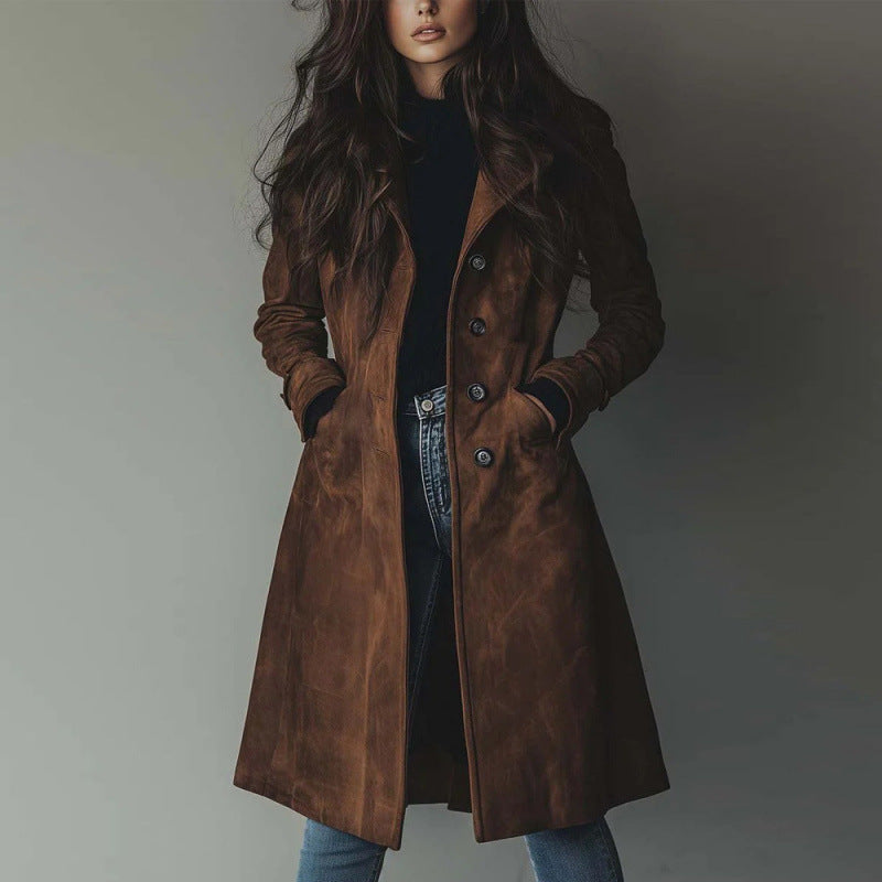 Women's Long Faux Suede Western Trench Coat with Turn-Down Collar