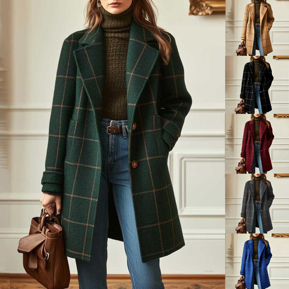 Women's Retro Mid-Length Lapel Coat in Plaid or Solid, S to 5XL