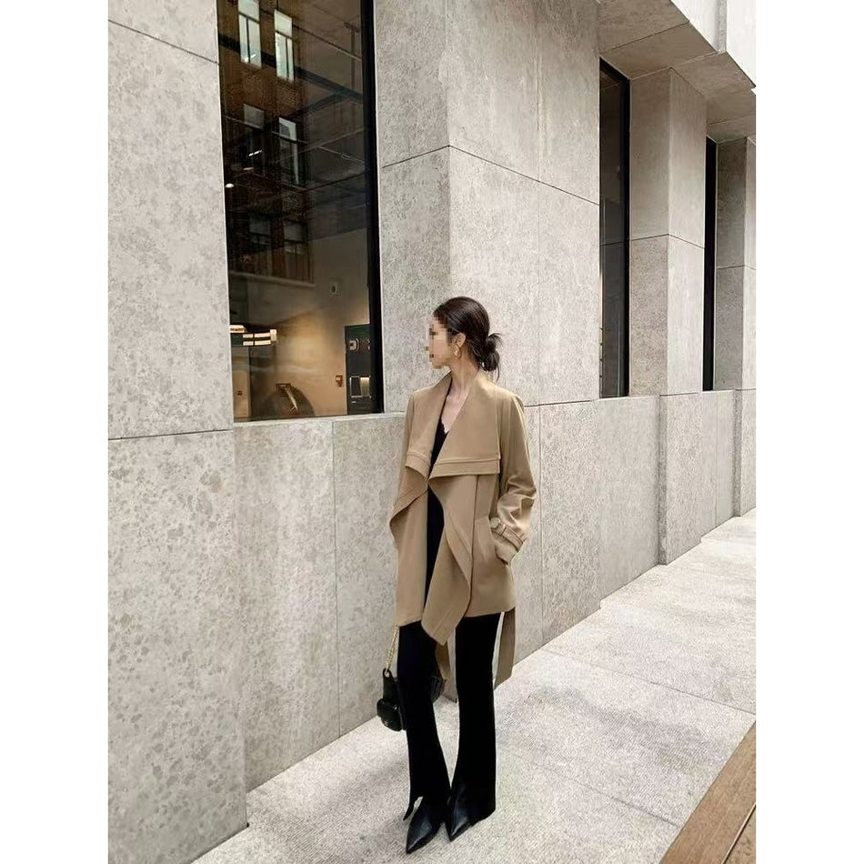 Women's Cropped Khaki Trench Jacket with Tie Belt and A-Line Cut