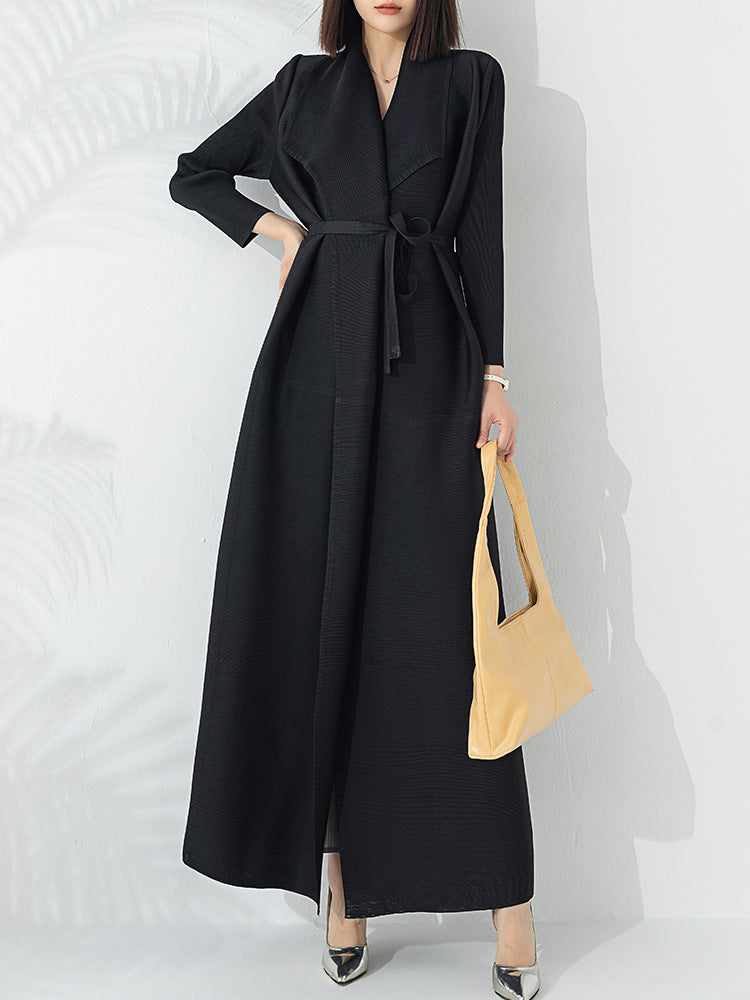 Women's Long Crinkle Pleated Wrap Coat with Lapel and Tie Waist