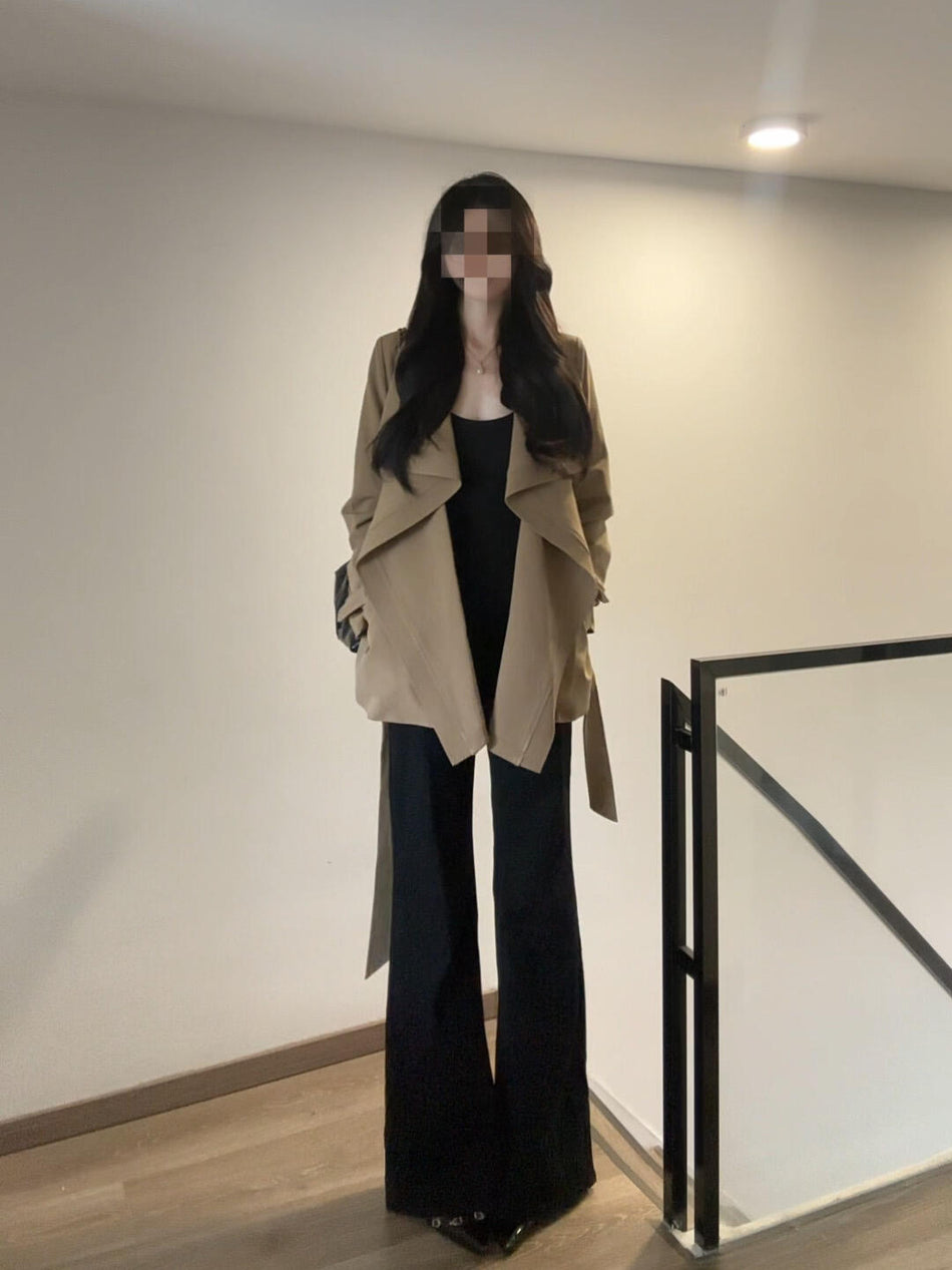 Women's Khaki Open-Front Trench Coat with Ruffled Collar, S to L