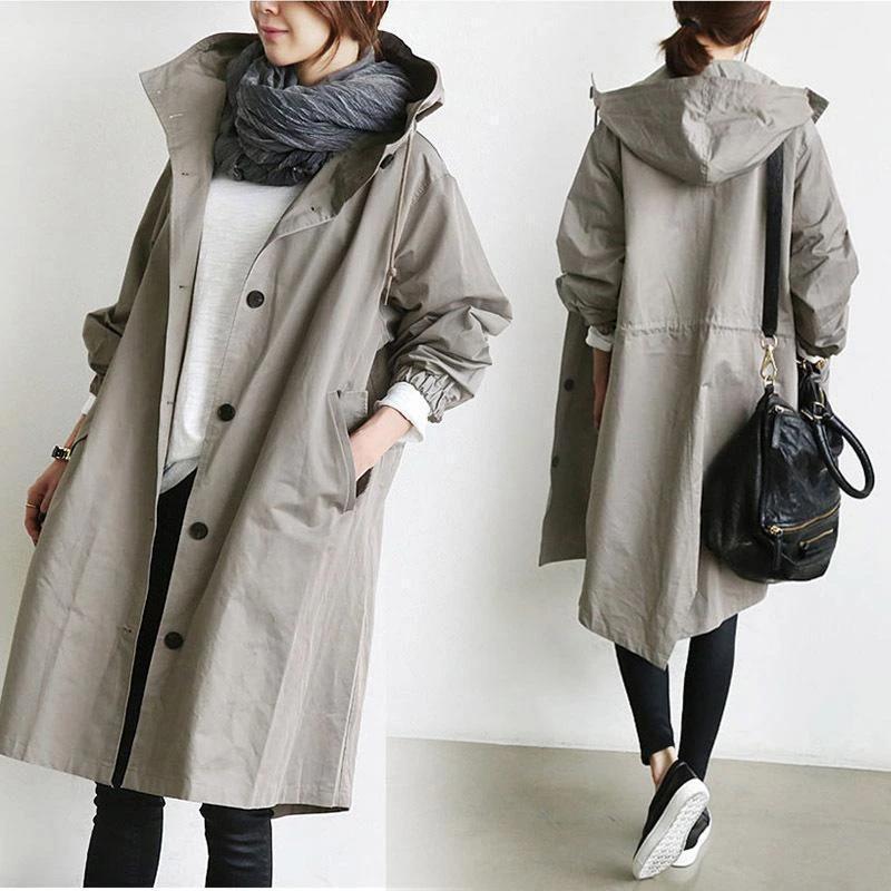 Women's Hooded Single-Breasted Mid-Length Trench Coat, S to 5XL