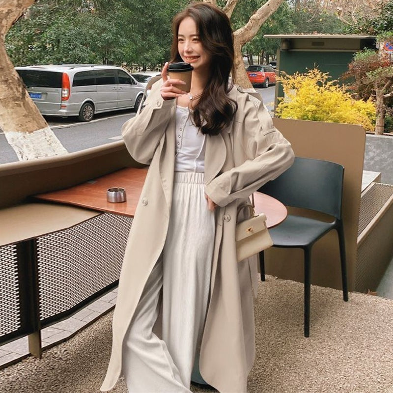 Women's Long Double-Breasted Stretch Trench Coat with Tie Belt
