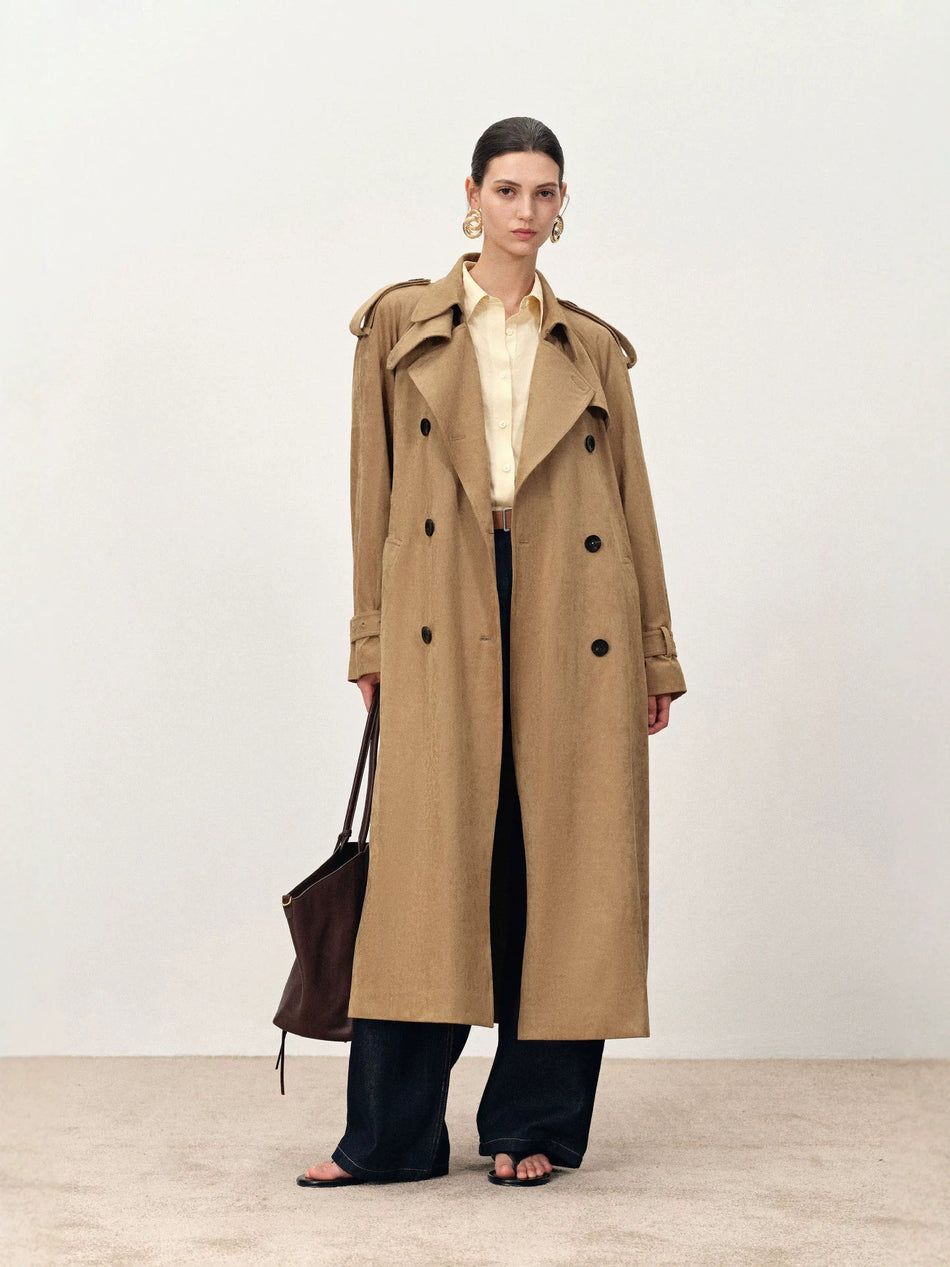 Women's Long Faux Suede Double-Breasted Vintage Trench Coat