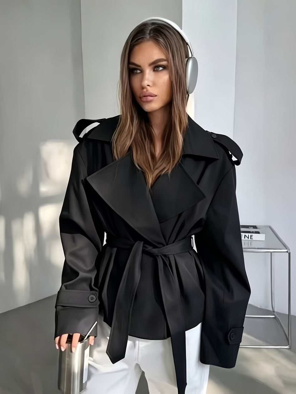 Women's Black Lapel Short  Coat with Epaulettes & Lace-Up Waist