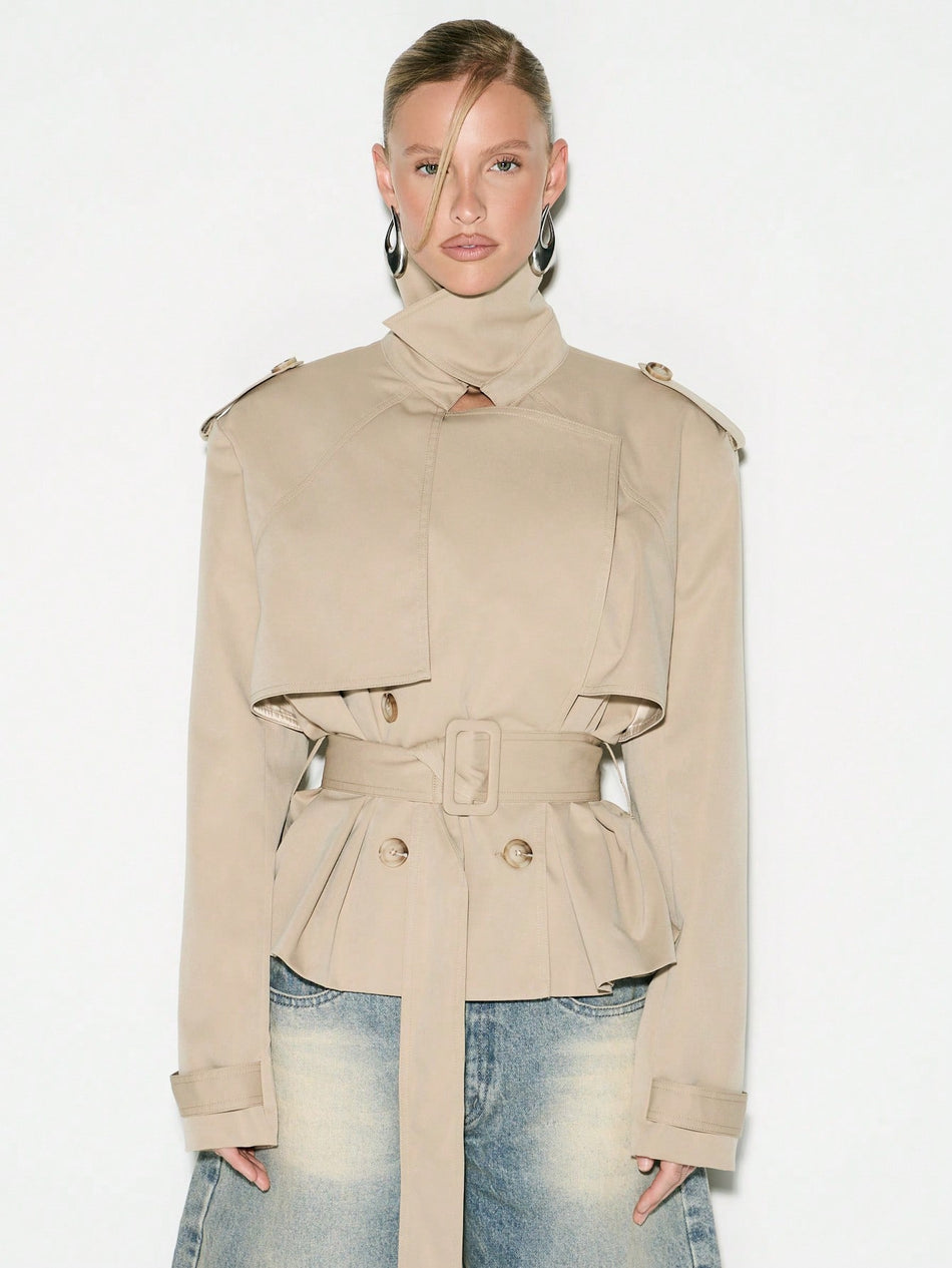 Women's Petite Double-Breasted Belted Autumn Trendy Jacket