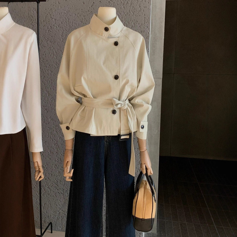 Women's Korean-Style Petite Belted Stand-Collar Autumn Trendy Jacket