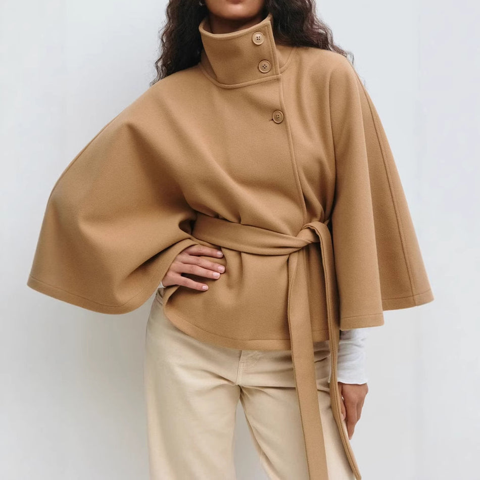 Women's Cape-Style Stand-Collar Belted Autumn Trendy Jacket
