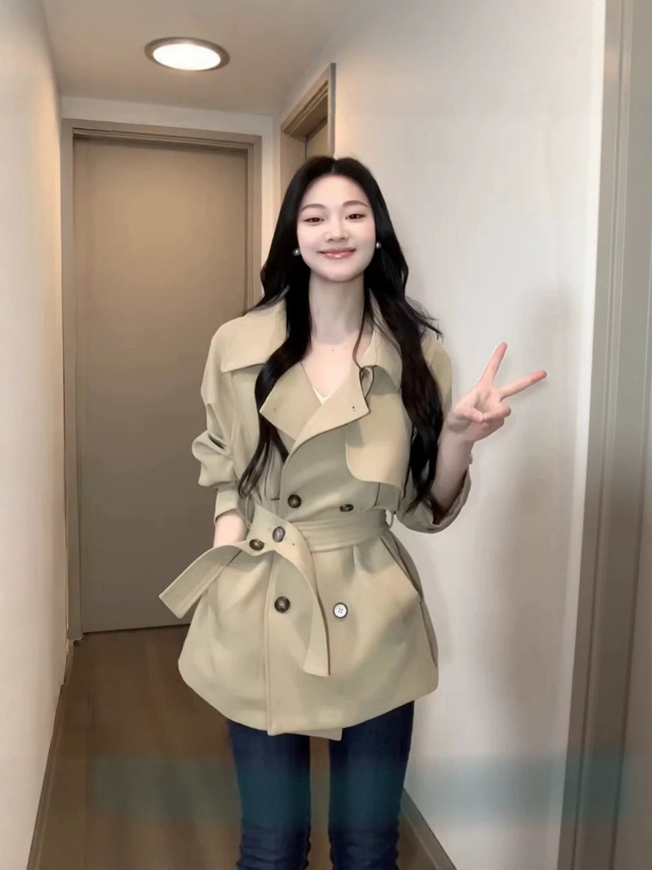 Women's Petite Double-Breasted Waist-Cinching Autumn Trendy Jacket