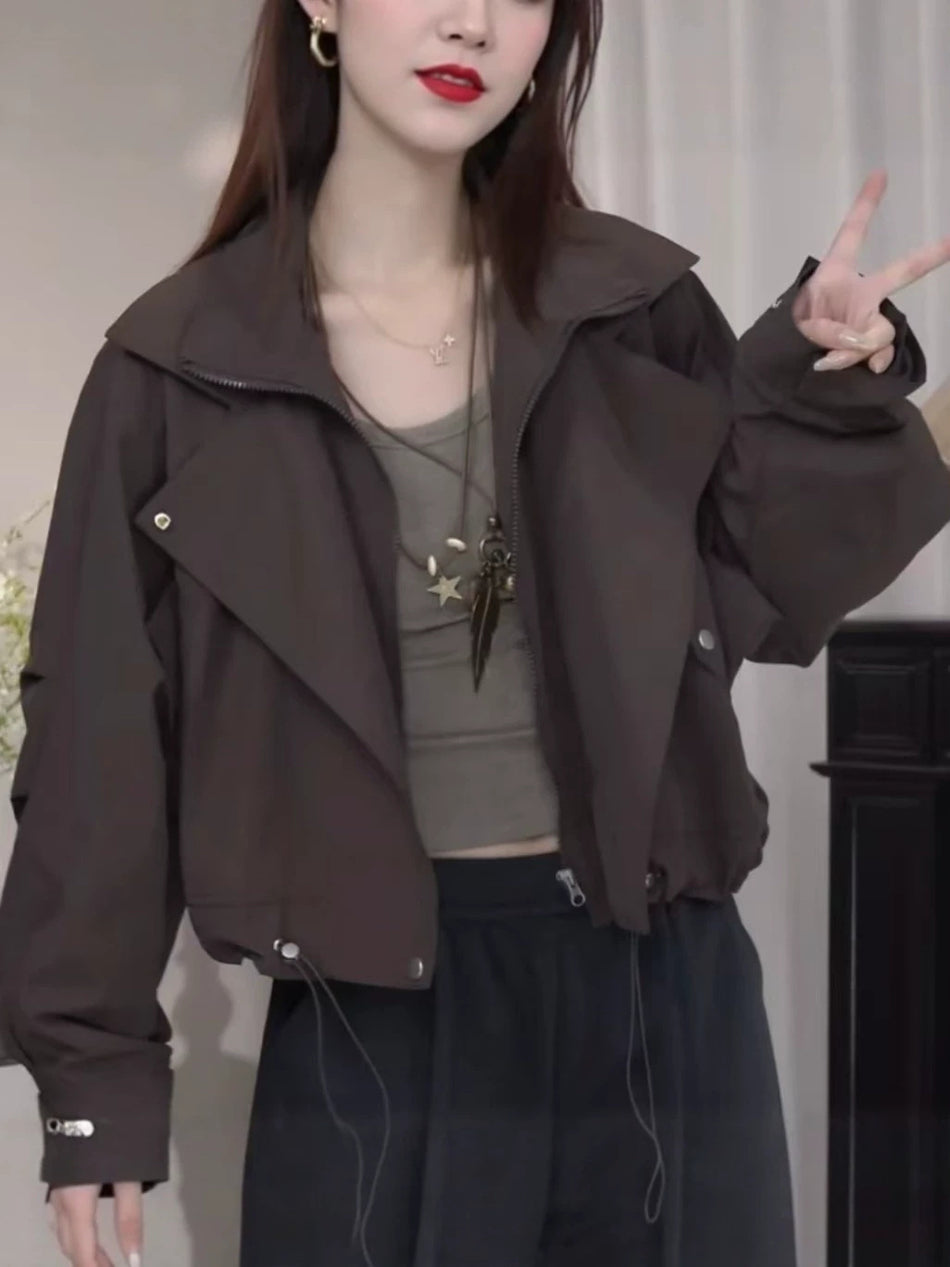 Women's Turn-Down Collar Drawstring Waist Autumn Trendy Jacket
