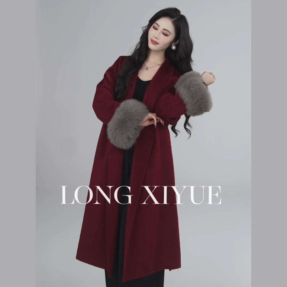 Women's Wool Coat with Fox Fur Collar and Concealed Closure