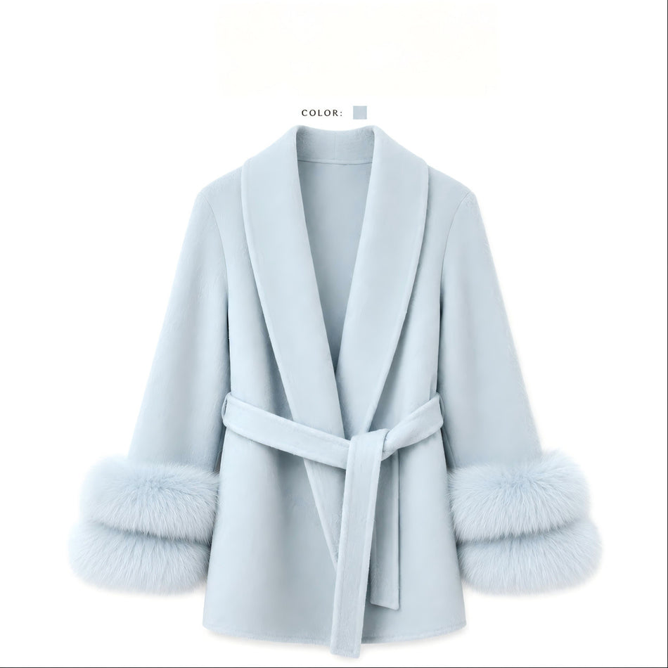 Women's 100% Wool Coat with Fox Fur Collar and Pockets