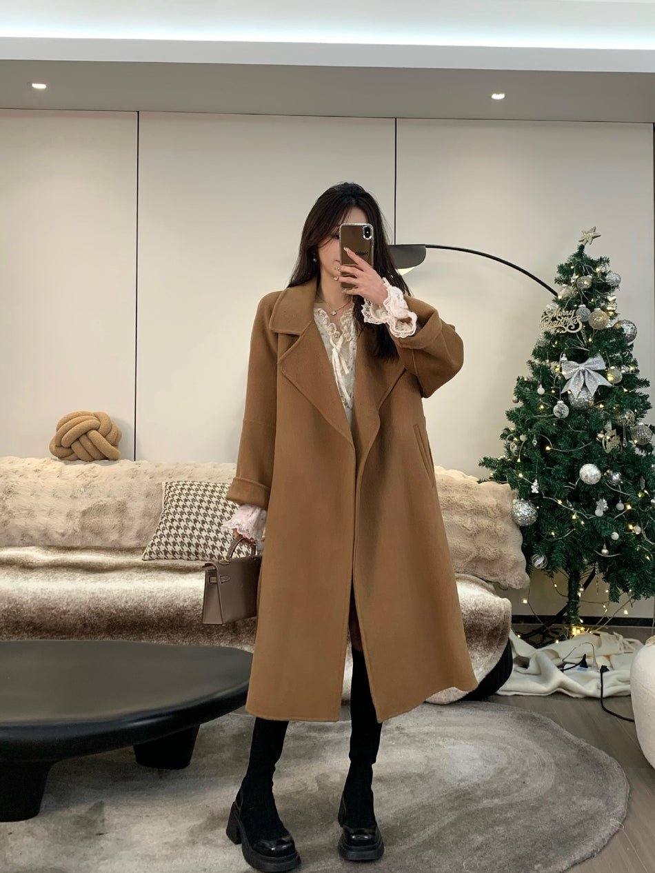 Women's Loose Wool Coat with Suit Collar and Lace-Up Front