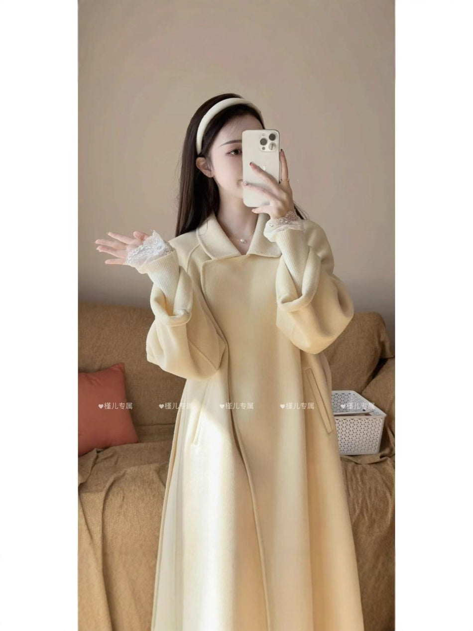 Women's Wool Coat with Spliced Design and Lace-Up Front