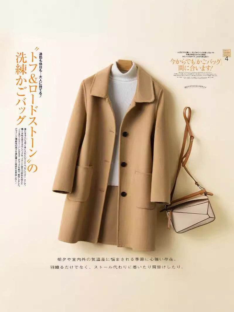 Women's Mid-Length Polyester Coat with Suit Collar and Pockets