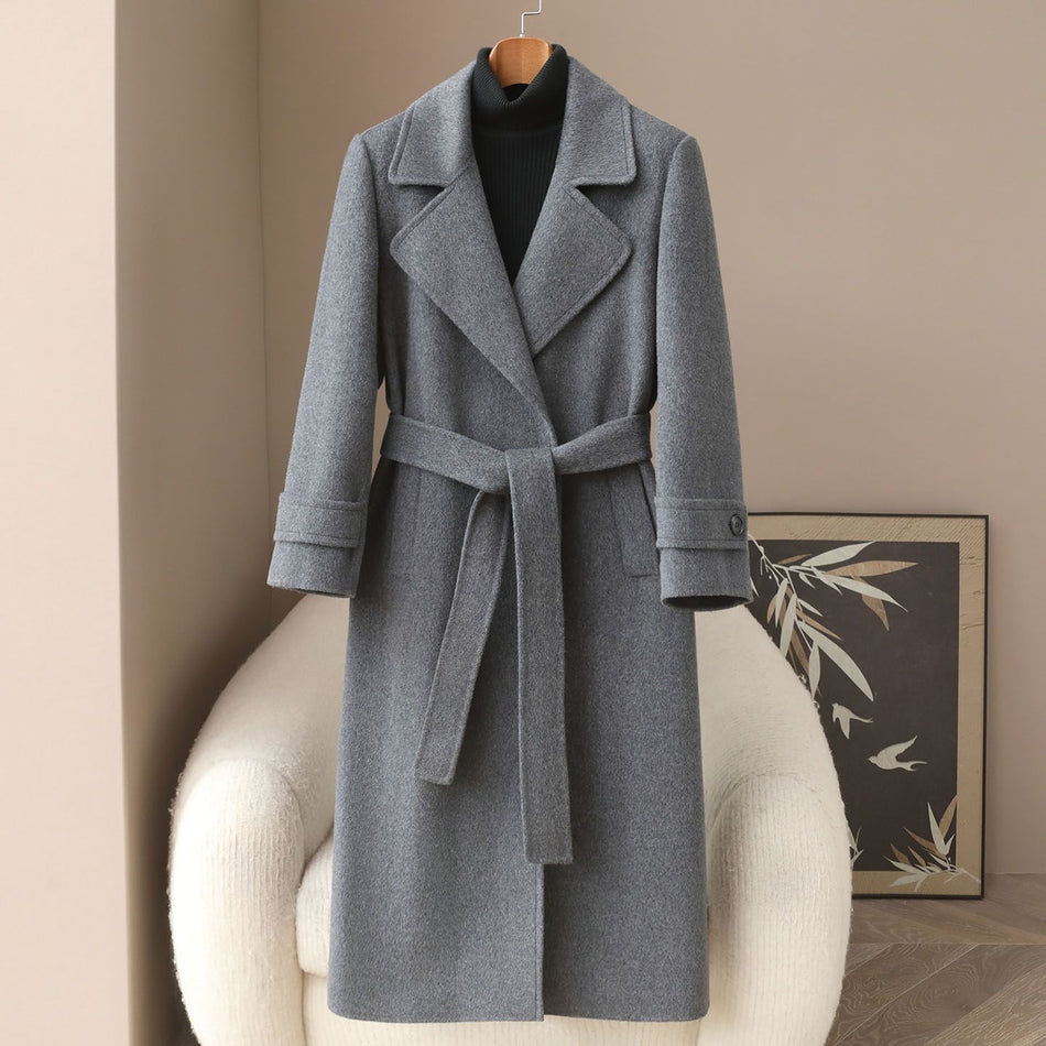 Women's Long Wool Coat with Cashmere and Suit Collar