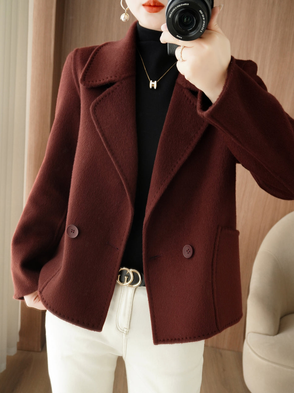 Women's 100% Wool Short Coat with Double-Breasted Suit Collar