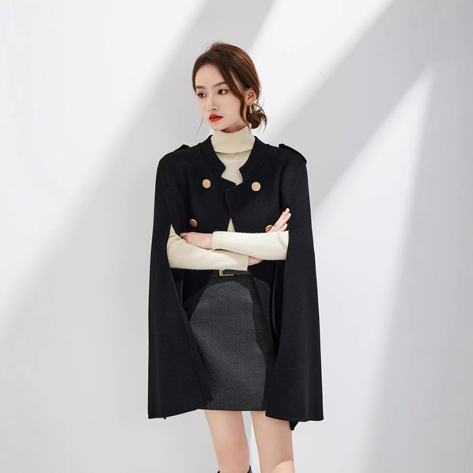 Women's Pure Wool Double-Breasted Cape Coat with Stand Collar