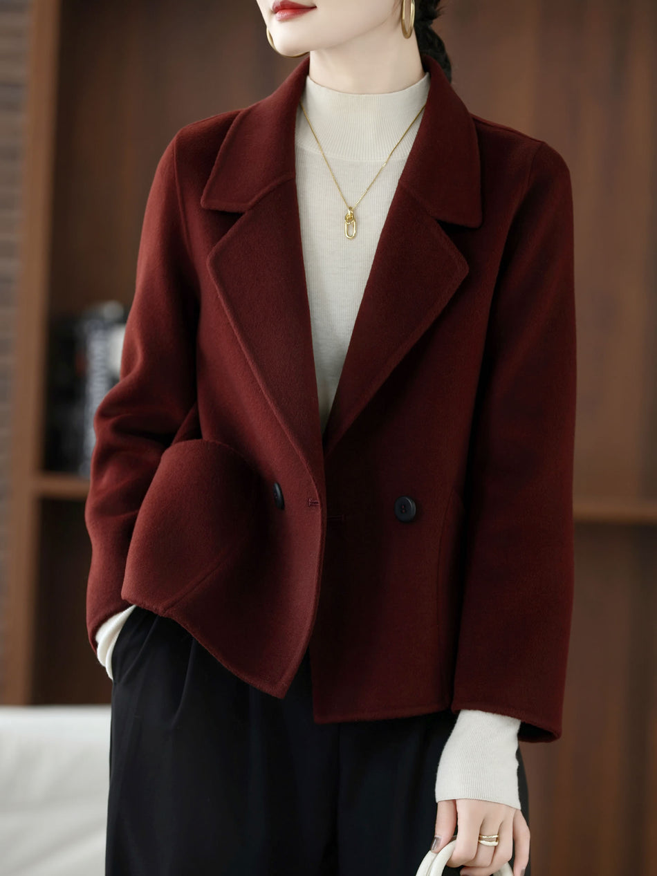 Women's Loose Wool Coat with Suit Collar and Double-Breasted Front