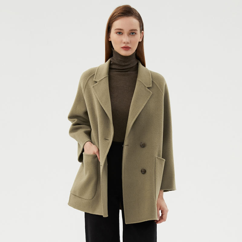 Women's Thick Wool Tweed Coat with Suit Collar and Pockets