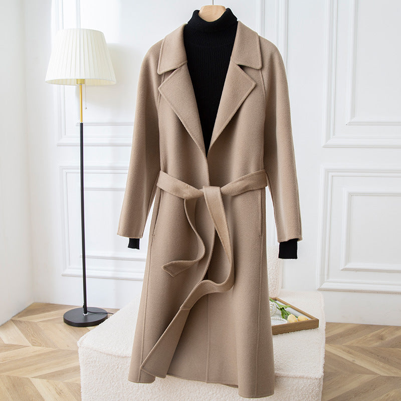 Women's Sheep Wool Long Coat with Hand-Sewn Suit Collar