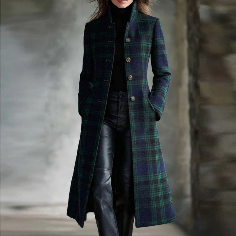 Women's Plaid Long Trench Coat with Spliced Design and Buttons