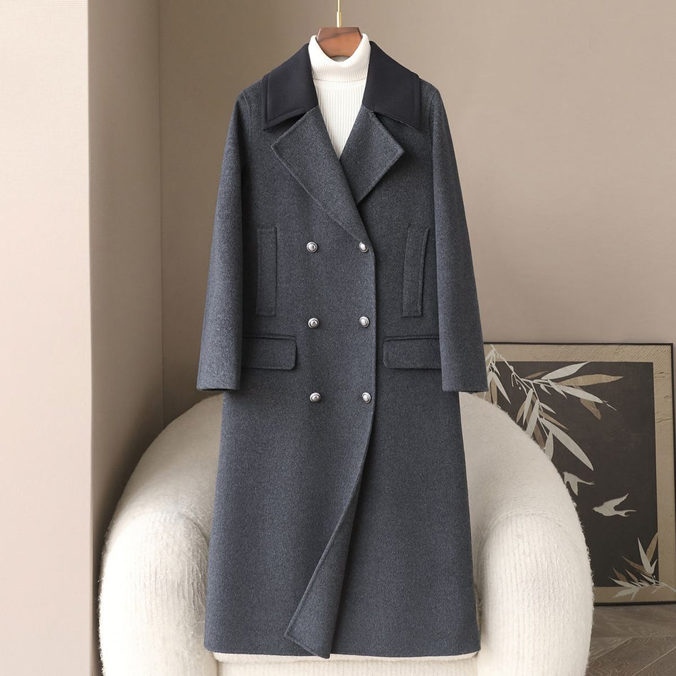 Women's Cashmere Wool Coat with Suit Collar and Single-Breasted Front