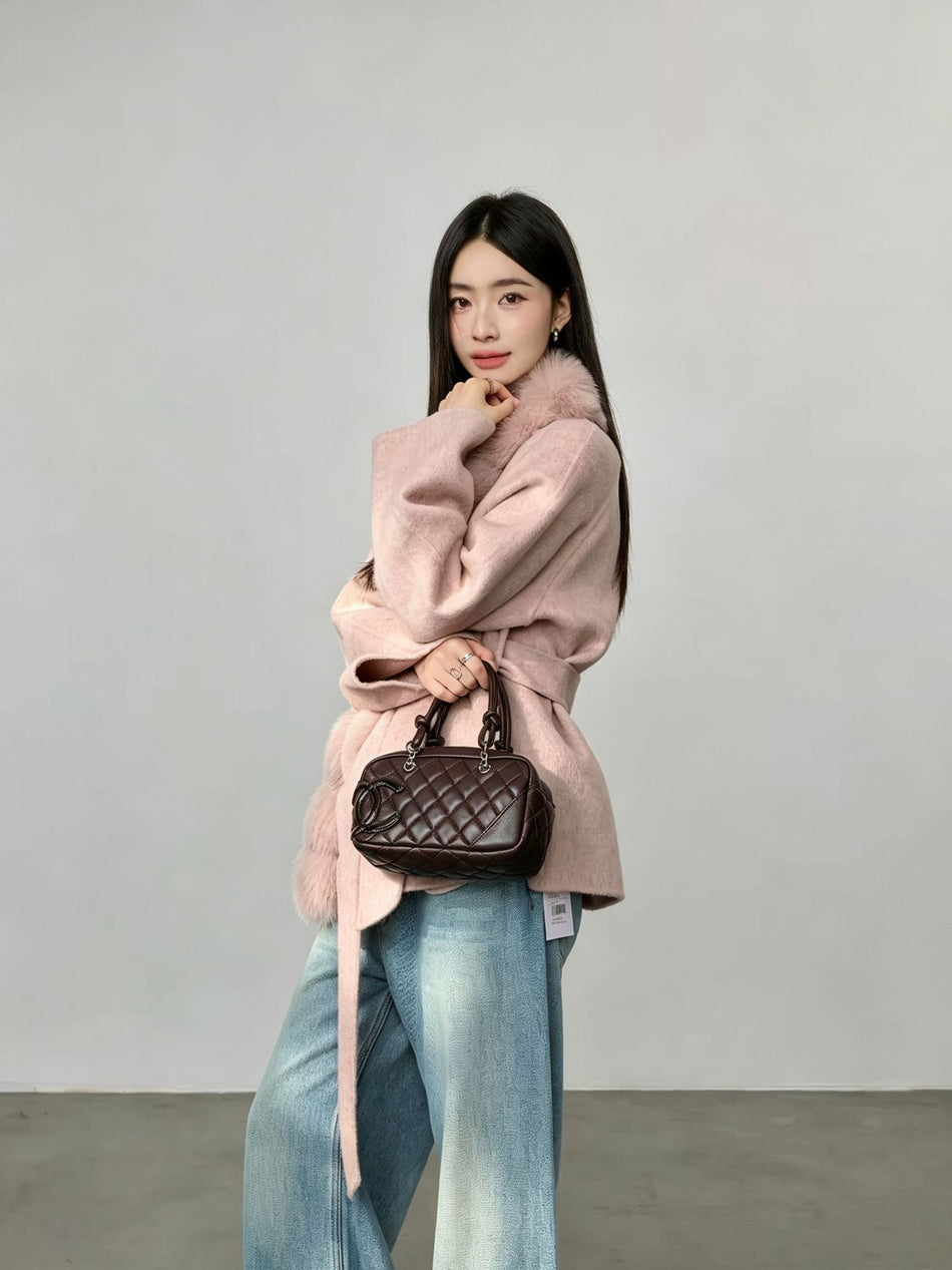 Women's Wool Coat with Fox Fur Collar and Hand-Sewn Finish