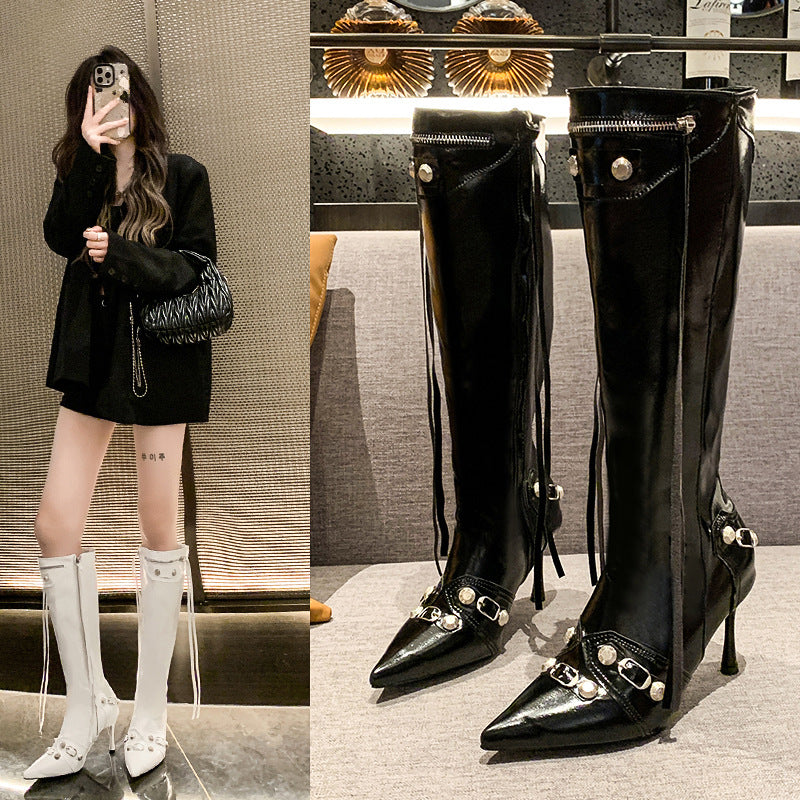 Women's Pointed Toe Riding Boots with Tassel and Rivet Detail