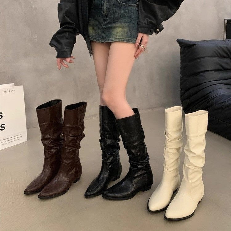 Women's Pointed Toe Knee-High Knight Boots with Thick Low Heel