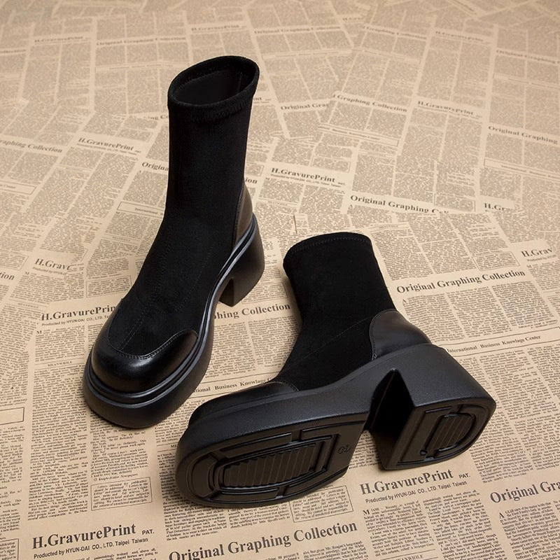 Women's Suede Short Boots with 7CM Thick Heel and Plush Lining