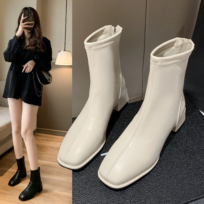 Women's Square Toe Short Boots with 3–5CM Thick Heel