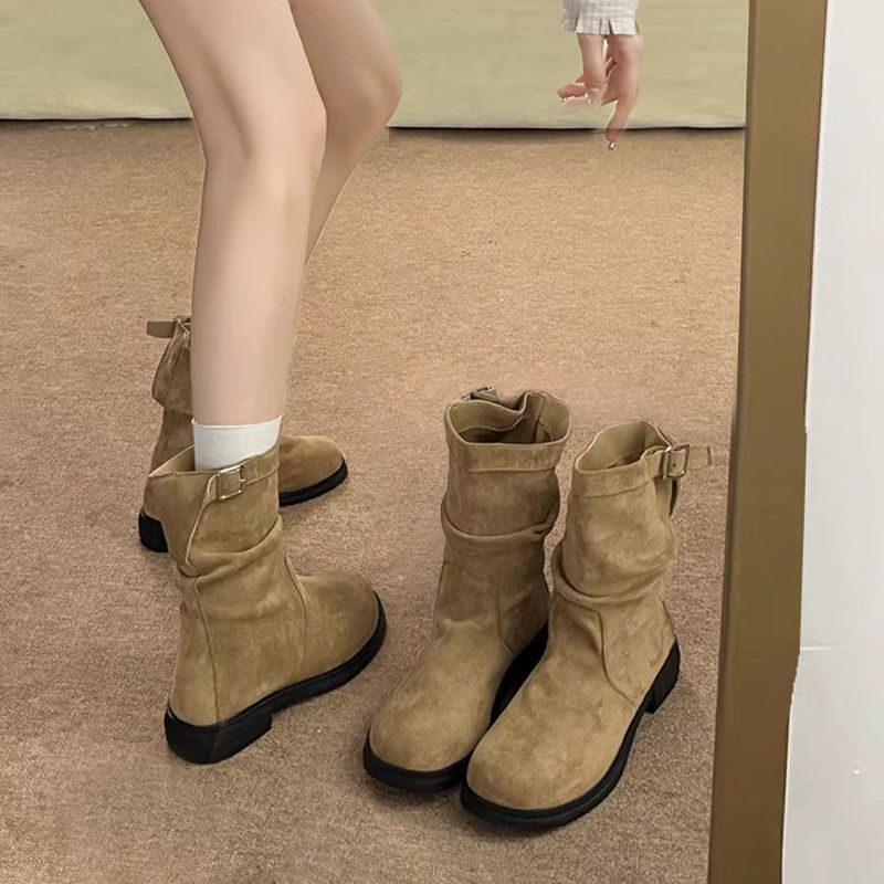 Women's Korean Mid-Calf Boots with Belt Buckle and Rubber Sole